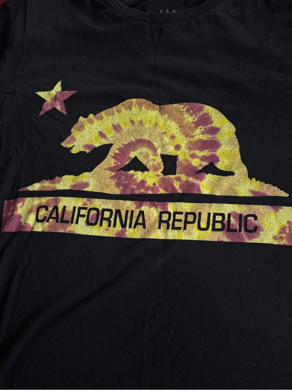 Black Tee with Yellow/orange-ish Tie-Dye California Republic Print